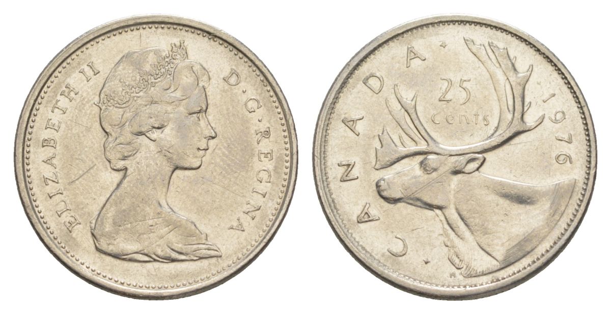 Канада 25 центов 1976 Елизавета II (1952-2022), олень KM 62b никель aUNC 4631-622