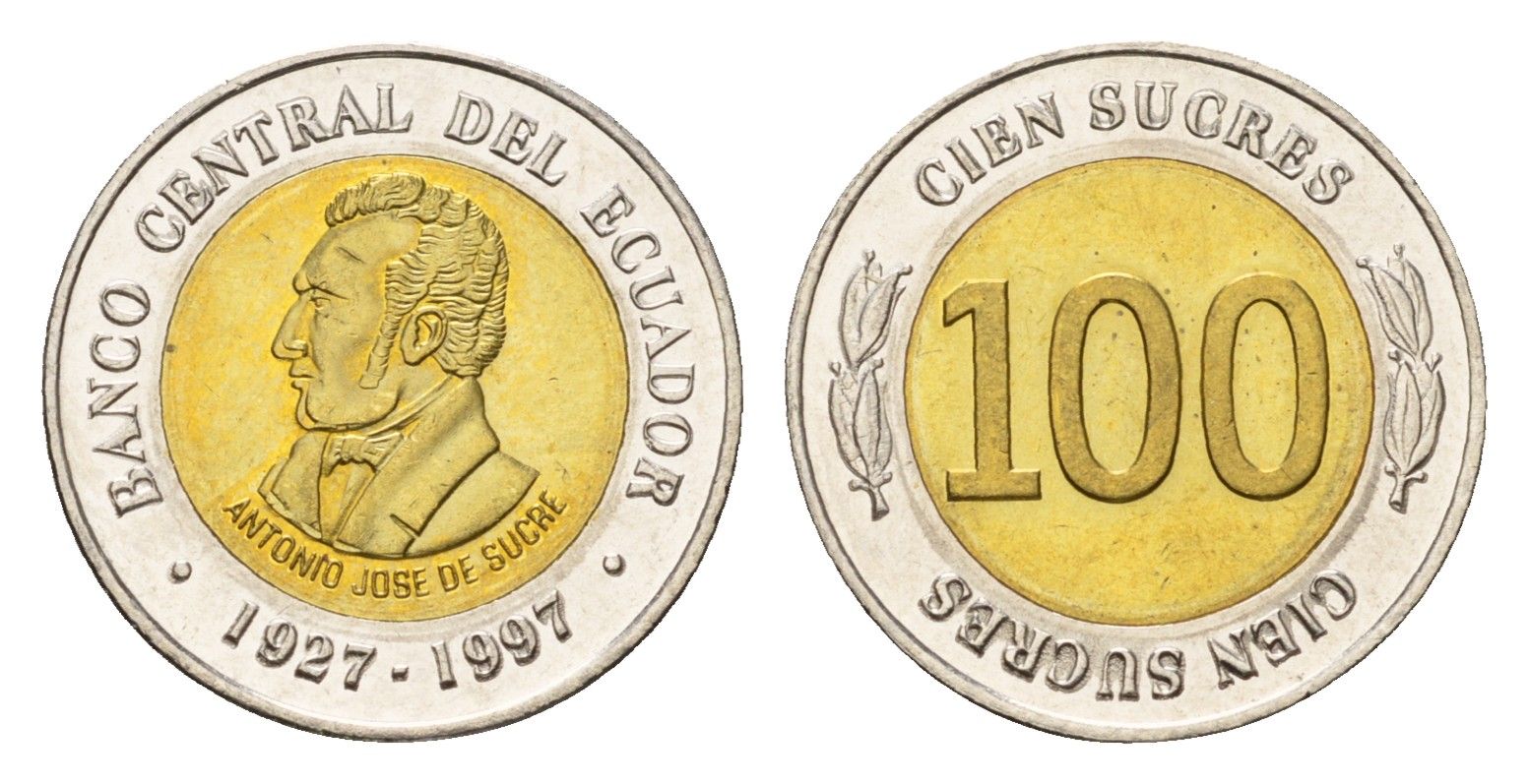 Эквадор 100 сукре 1997 70 лет Центробанку KM 101 биметалл UNC 4697-435