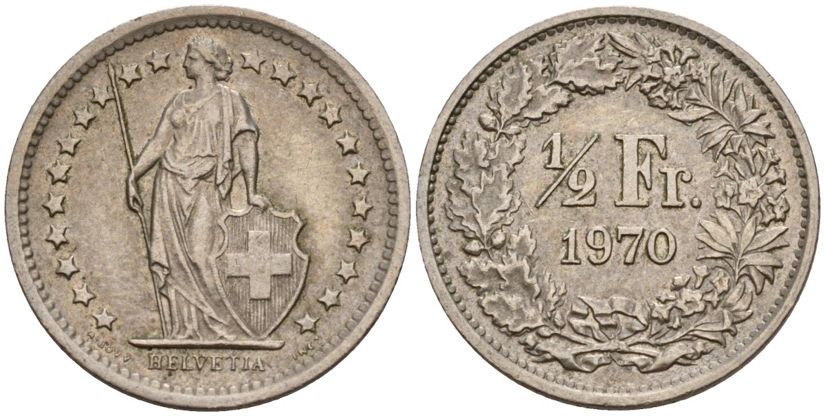 Швейцария 1/2 франка 1970 KM 23а.1 медно-никель 4189-442