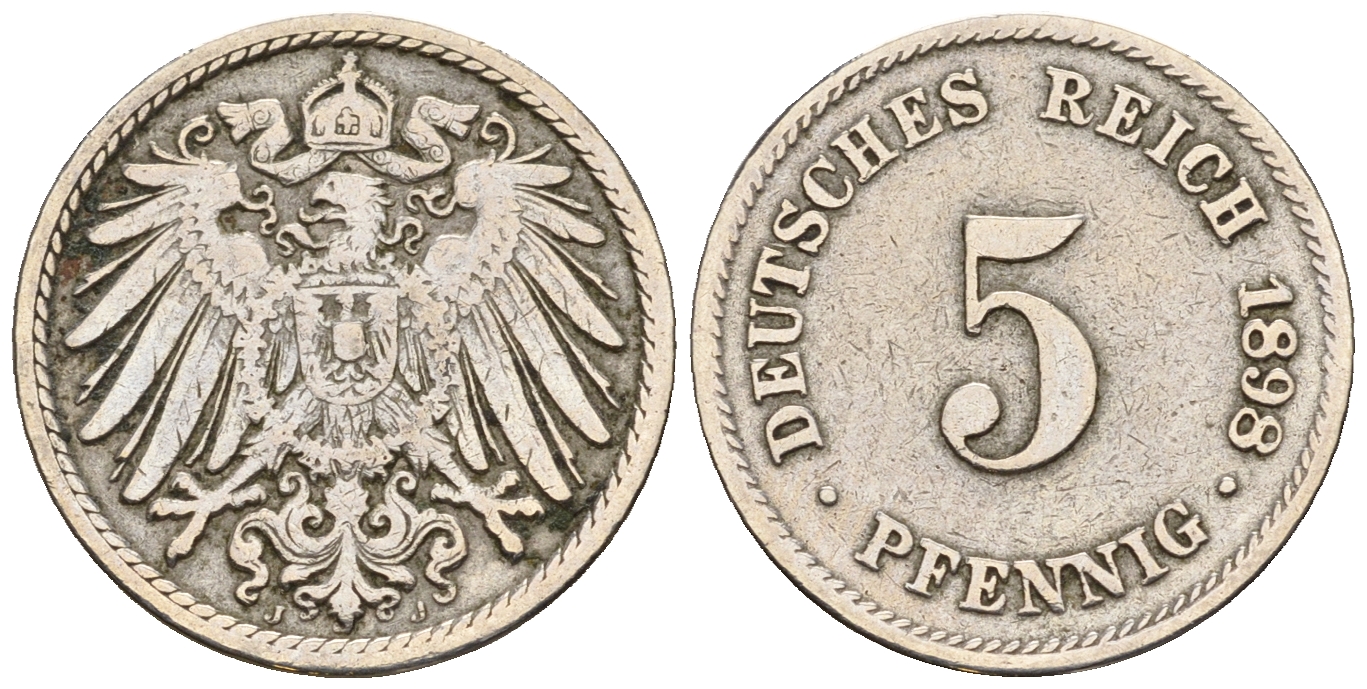 Германия 5 пфеннигов 1897 J, KM 11, Jager 12, Weege 6 медно-никель 220-741