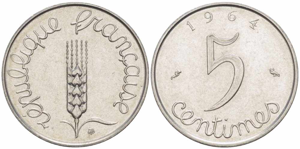 ФРАНЦИЯ 5 САНТИМОВ 1964 ПЯТАЯ РЕСПУБЛИКА KM 927, LE FRANC 124.6 хромированная сталь 105-434