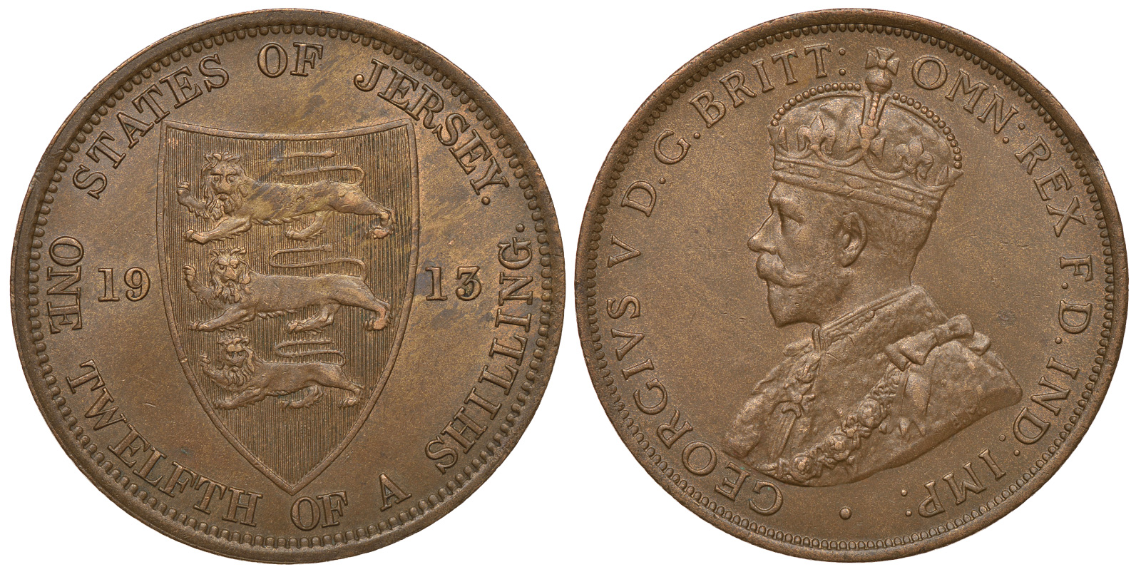 Джерси 1/12 шиллинга 1913 Георг V (1910-1936) KM 12 бронза 4389-345