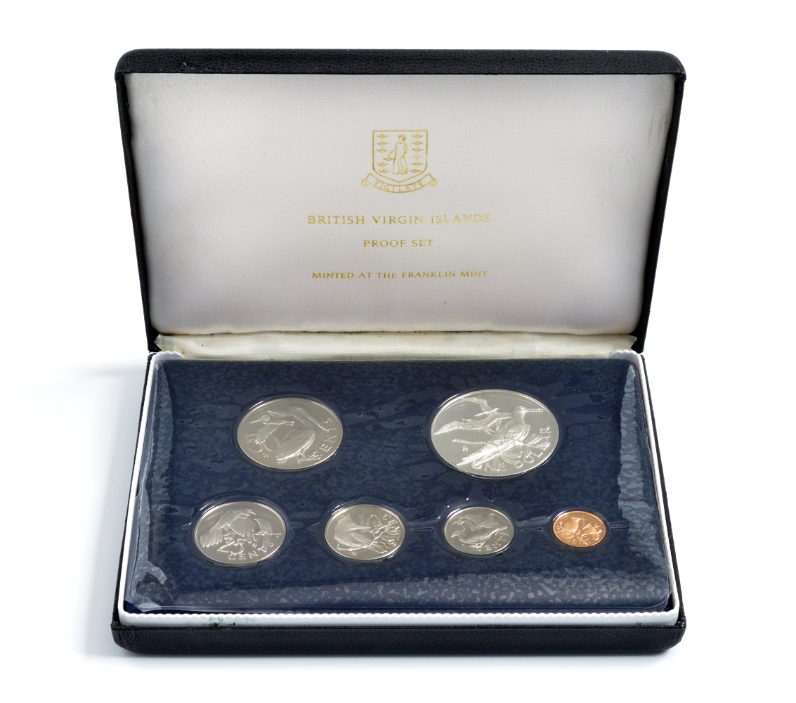 Британские Виргинские острова набор из 6 монет 1974 птицы, запайка, в оригинальной коробке с сертификатом тираж 93555 экз., KM PS2 серебро PROOF 7-7-19