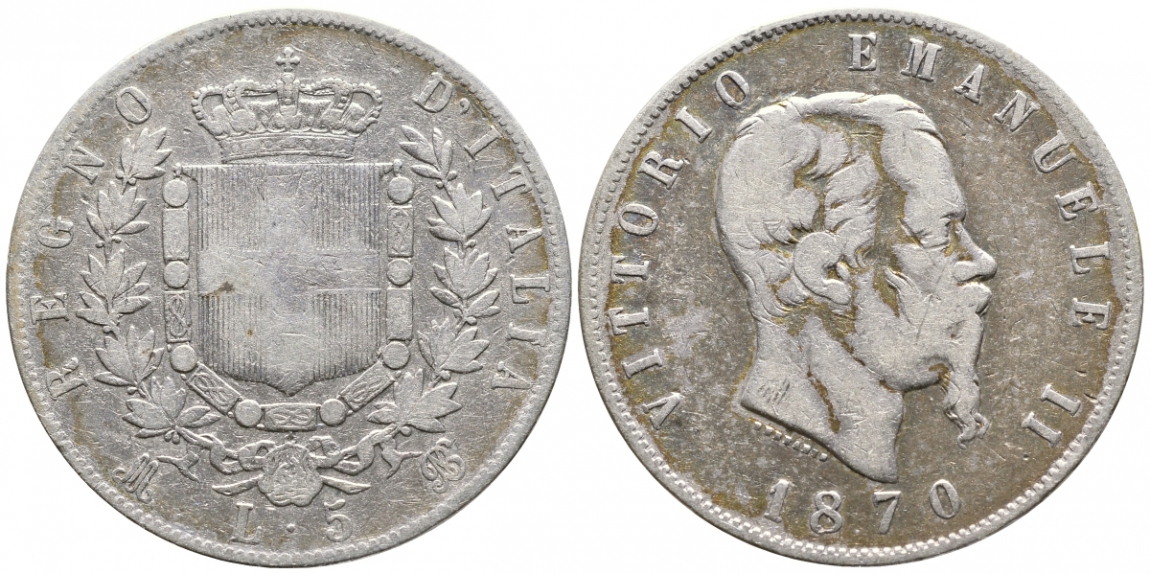 Италия 5 лир 1870 BN, Виктор Эммануил II KM 8.3 серебро 1521-941