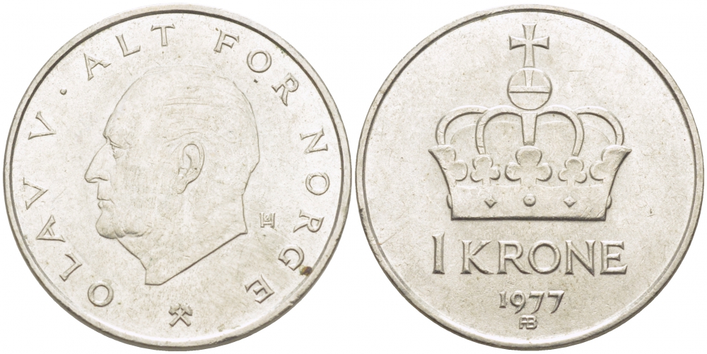 НОРВЕГИЯ 1 КРОНА 1977 ОЛАФ V KM 419 медно-никель 4448-453
