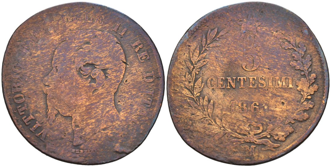 Италия 5 чентезимо 1861 М, монетный двор МИЛАН KM 3.2 медь 92-316