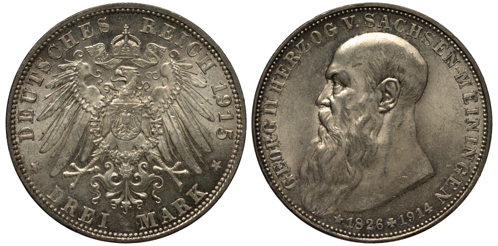 Саксен-Майнинген 3 марки 1915 D, на смерть Георга II, герцога Саксен-Мейнингена (1866-1914) Weege 151, J. 155, KM 207 серебро aUNC 00-817-14