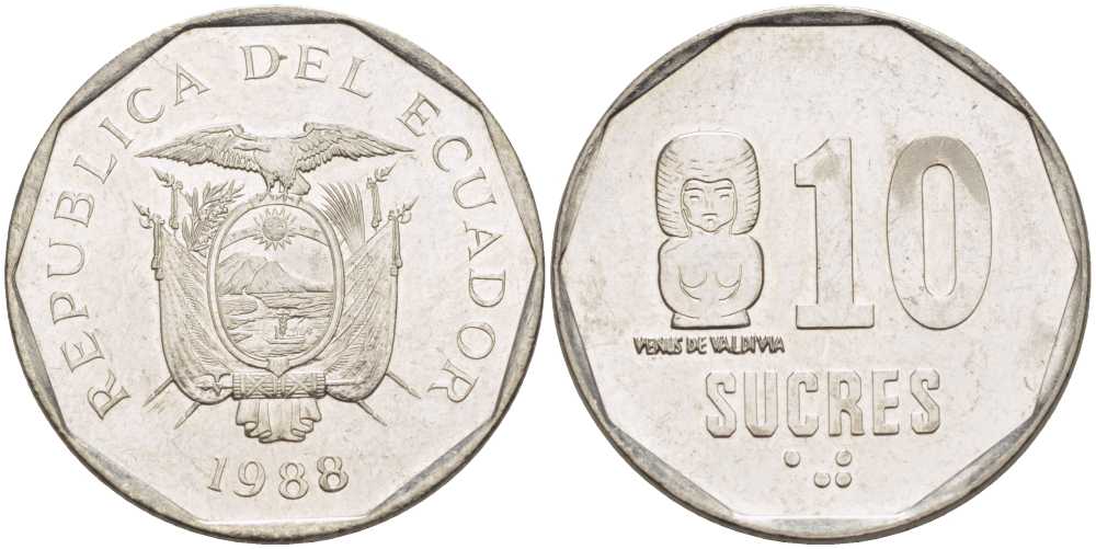 Эквадор 10 сукре 1988 VENUS DE VALDIVIA KM 92.1 сталь плакированная никелем 4681-414