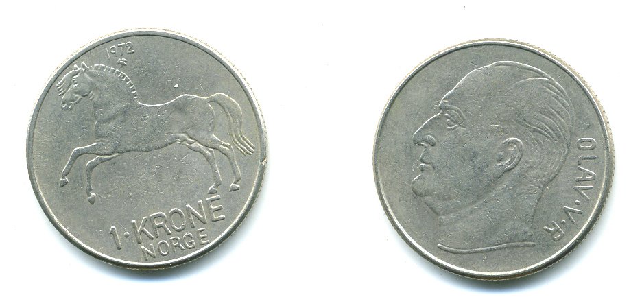 Норвегия 1 крона 1972 Улаф V (1957-1991), лошадь KM 409 медно-никель 54-2343