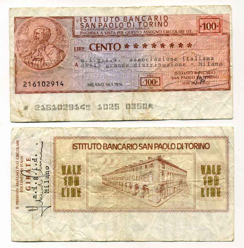 Италия чек на 100 лир 1976 Istituto Bancario san Paolo Di torino, итальянская ассоциация дистрибьюторов Милана, 14 января 1976 Милан бумага 8588-9-1-1
