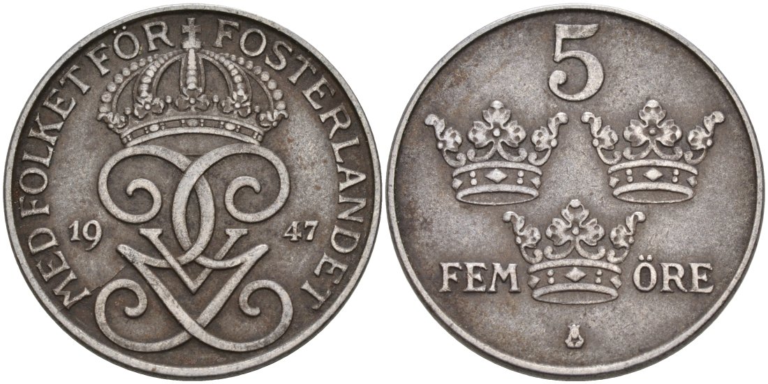 Швеция 5 эре 1947 Густав V(1907-1950) KM 812 железо 4571-817