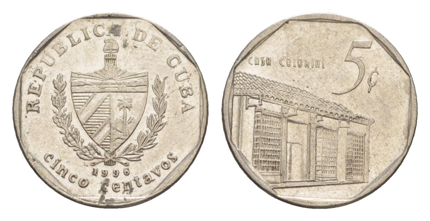 Куба 5 сентаво 1996 Casa Colonial KM 575.2, Schoen 713, JMA MC19 сталь плакированная никелем 4644-716