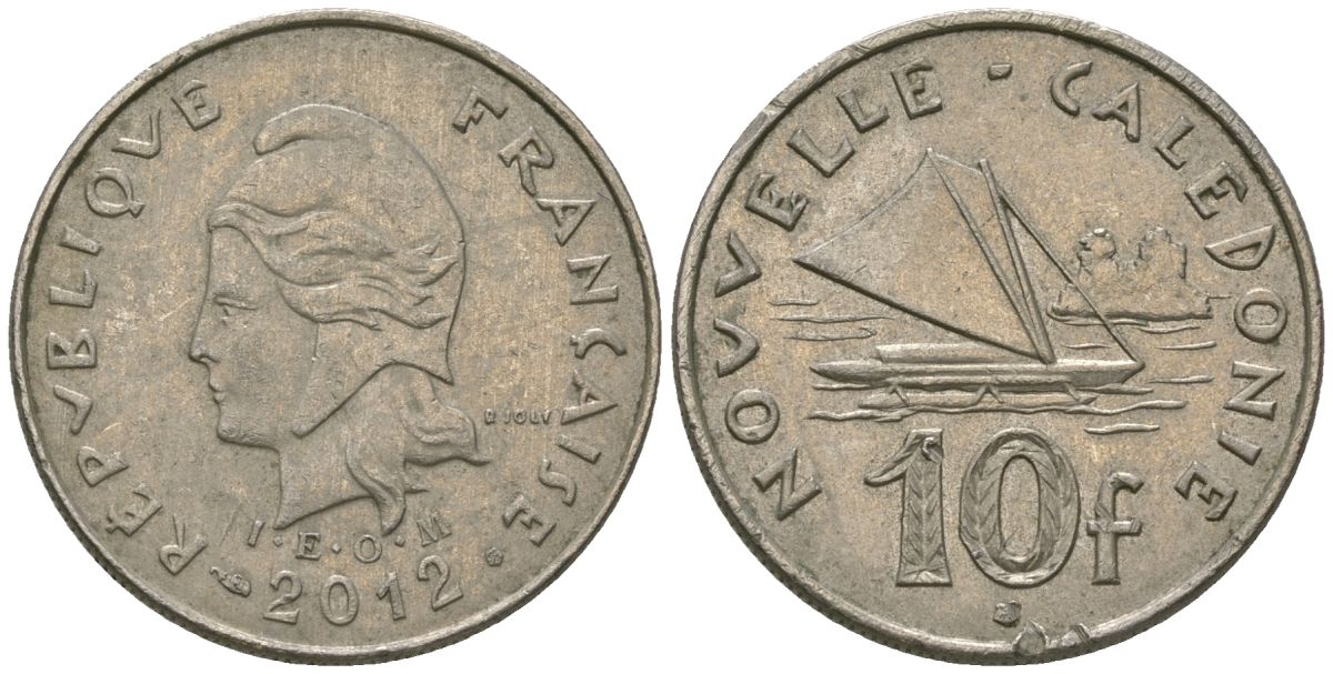 Французская Новая Каледония 10 франков 2012 рыбачья парусная лодка, (IEOM) KM 11a, Schoen 13a, Lec 99k медно-никель 65-547