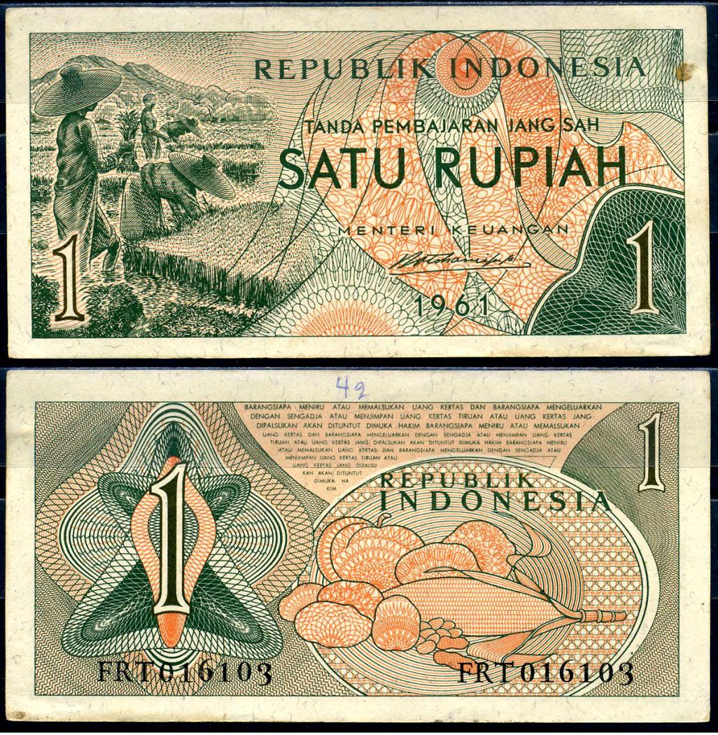 Индонезия 1 рупия 1961 урожай риса, серия FRT016 Pick 78 бумага aUNC 7554-21-1-1