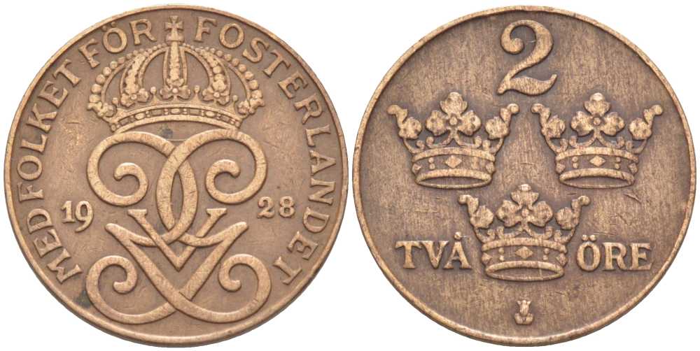 Швеция 2 эре 1928 Густав V (1907-1950) KM 778 бронза 119-1016