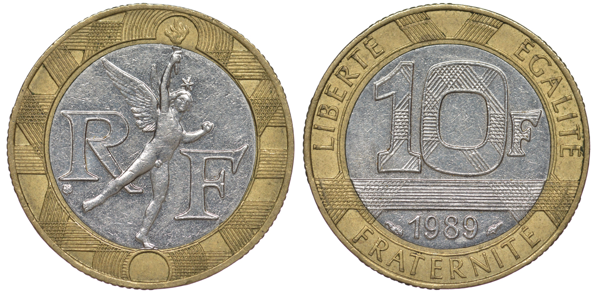 Франция 10 франков 1989 тип гений Бастилии KM 964.1, Le Franc 375.3 биметалл 45-543
