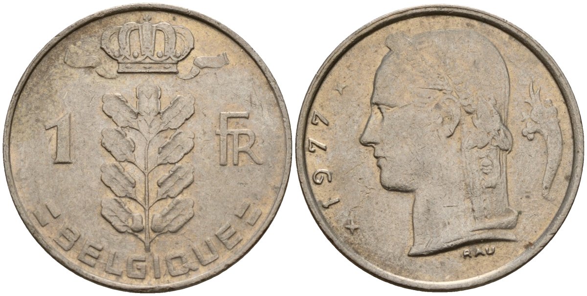 Бельгия 1 франк 1977 Belgique, Бодуэн I (1951-1993) KM 142.1 медно-никель 4156-626