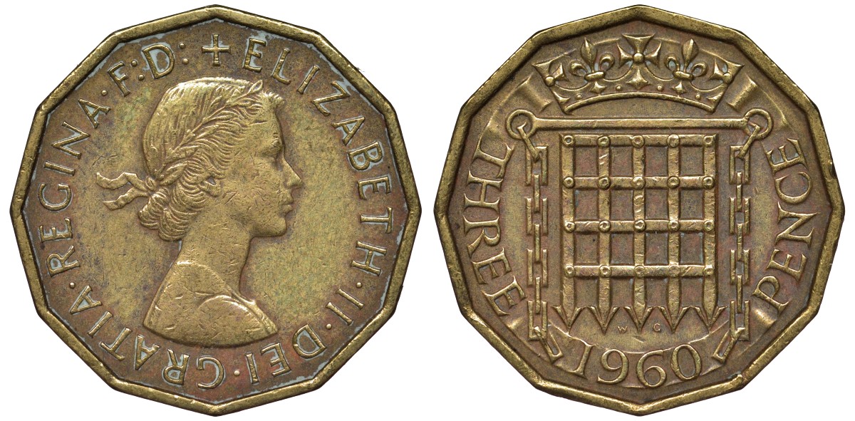 Великобритания 3 пенса 1960 Елизавета II (1952-2022) KM 900, Spink 4153 никель латунь 4122-934