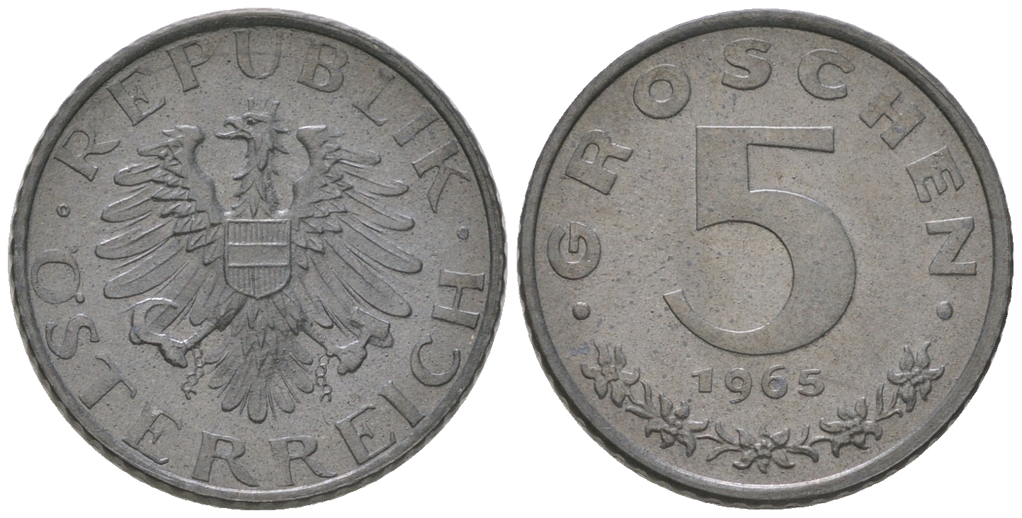 Австрия 5 грошей 1965 из ролла KM 2875 цинк  UNC  M39-09