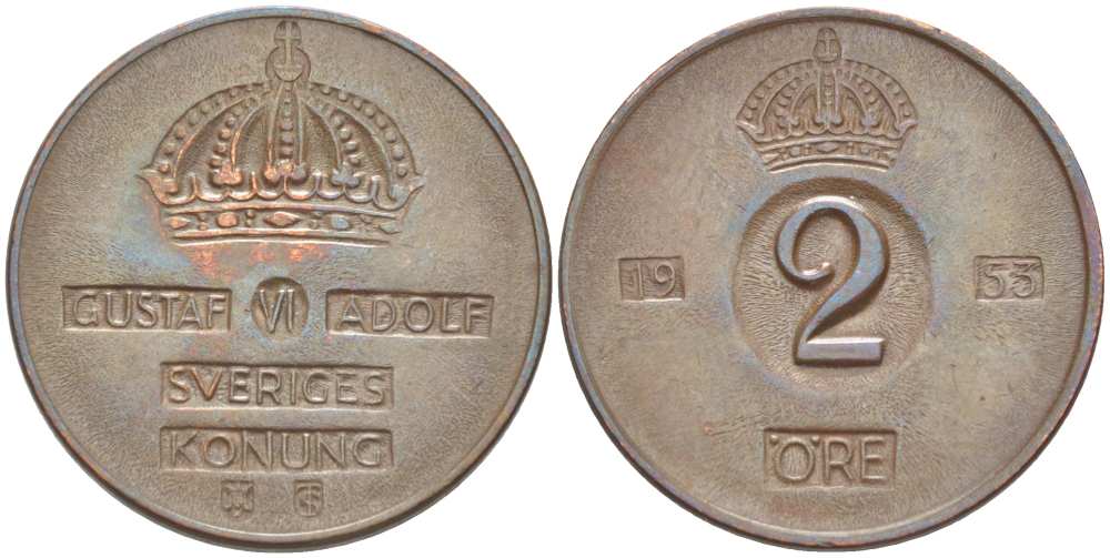 Швеция 2 эре 1955 TS, Густав VI Адольф (1950-1973) KM 821 бронза 4513-1247