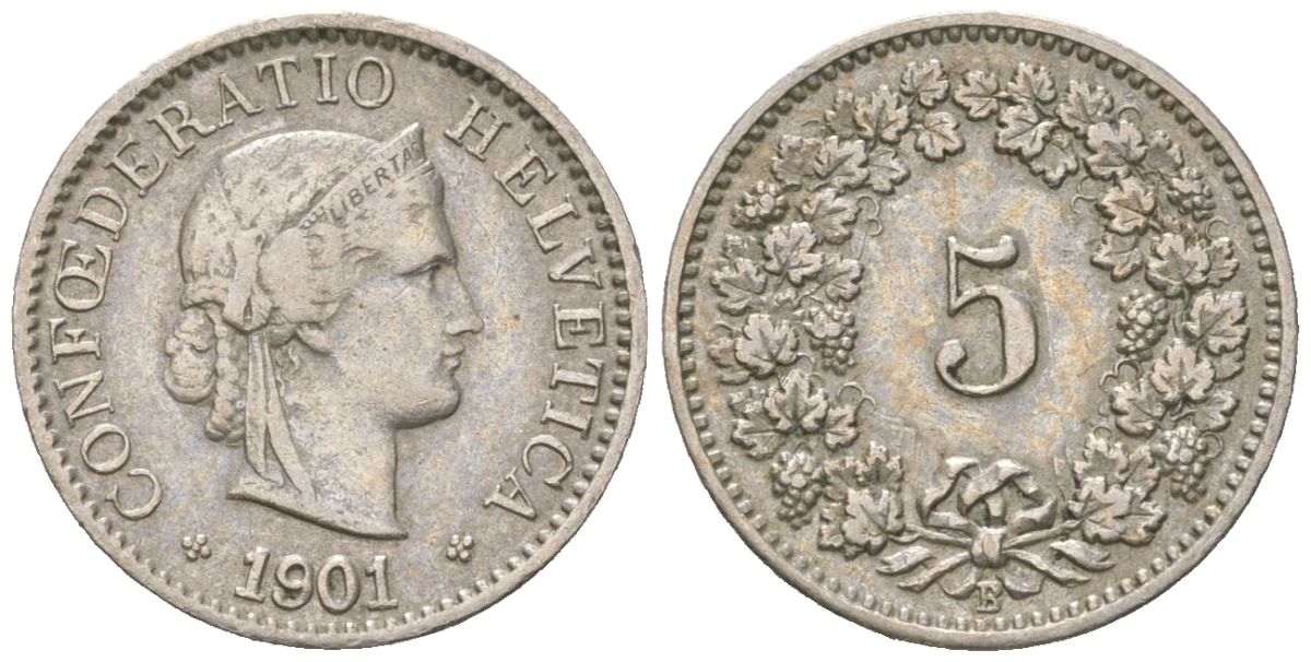 Швейцария 5 раппенов 1901 B KM 26 медно-никель 4158-1152