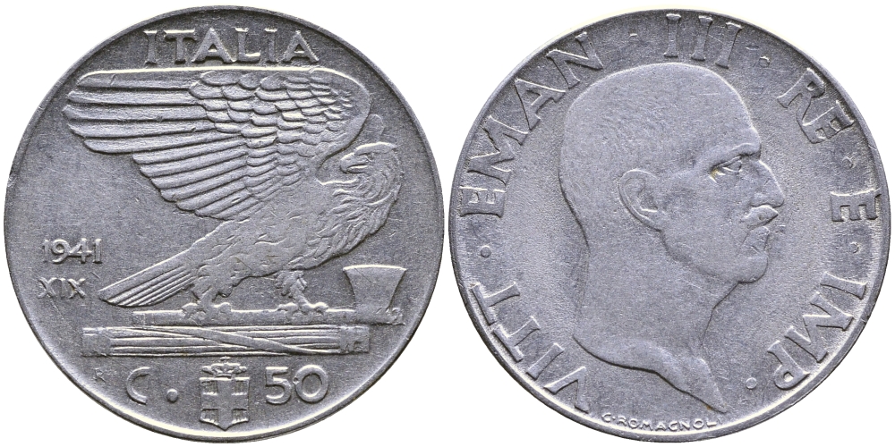 ИТАЛИЯ 50 ЧЕНТЕЗИМО 1941 R, ВИКТОР ИМАНУИЛ, XIX ГОД KM 76b сталь 4384-232