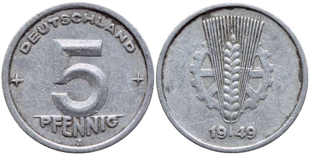 ГДР 5 ПФЕННИГОВ 1949 А KM 2 алюминий 4398-751