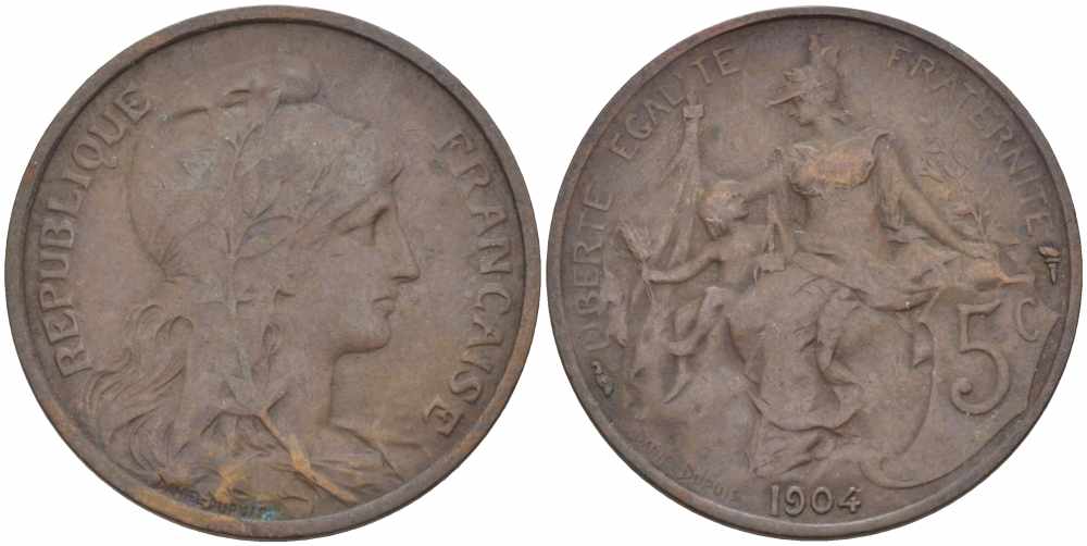 ФРАНЦИЯ 5 САНТИМОВ 1904 ТИП ДАНИЭЛЬ ДЮПЮИ KM 842, LE FRANC 119.14 бронза 108-844
