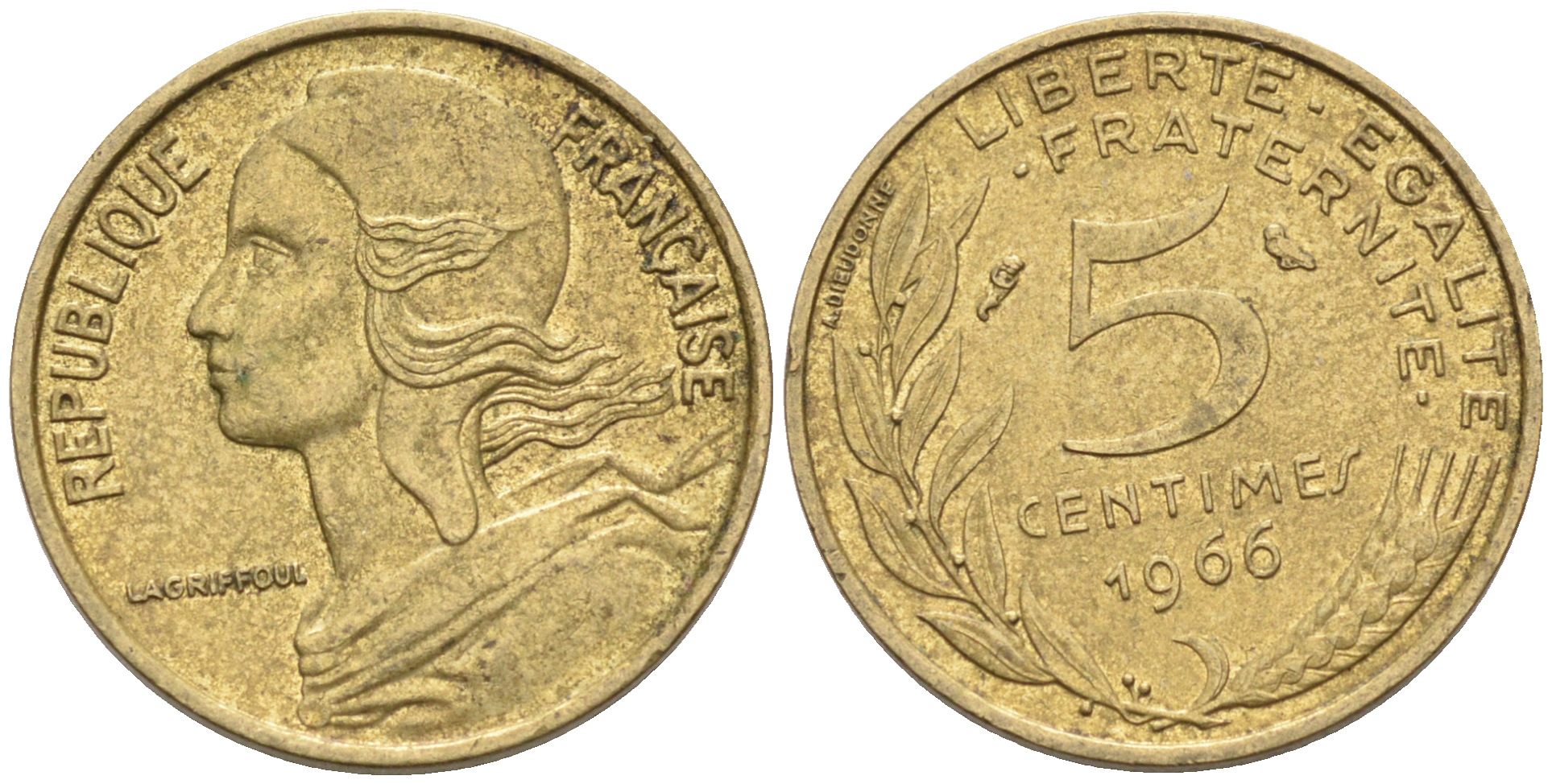 ФРАНЦИЯ 5 САНТИМОВ 1966 ТИП MARIANNE KM 933, LE FRANC 125.2 алюминиевая бронза 4588-349