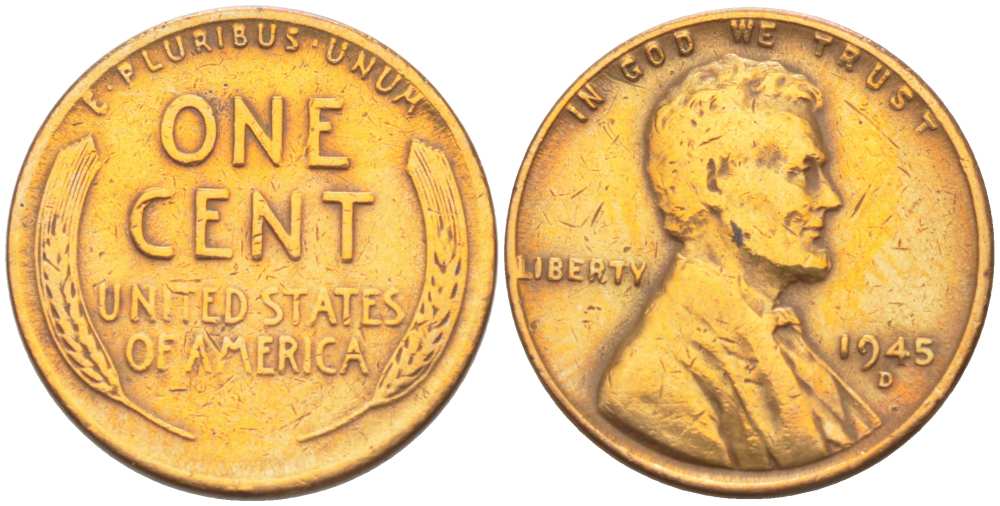 США 1 ЦЕНТ 1945 D, ЛИНКОЛЬН KM А132 медь цинк 218-929