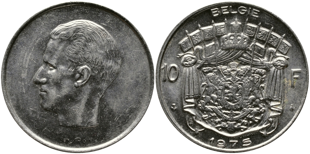 БЕЛЬГИЯ 10 ФРАНКОВ 1975 BELGIE, БОДУЭН I (1951-1993) KM 156.1 никель 3333-1045