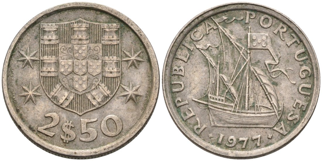 Португалия 2,5 эскудо 1977 парусник KM 590 медно-никель 4567-749
