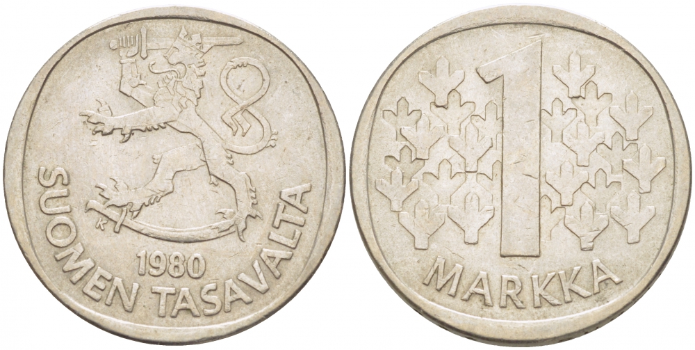 ФИНЛЯНДИЯ 1 МАРКА 1980 K KM 49а медно-никель 3718-816