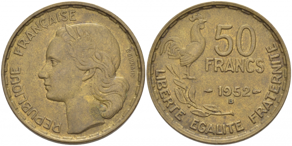 ФРАНЦИЯ 50 ФРАНКОВ 1952 KM 918.1 алюминиевая бронза 175-1033