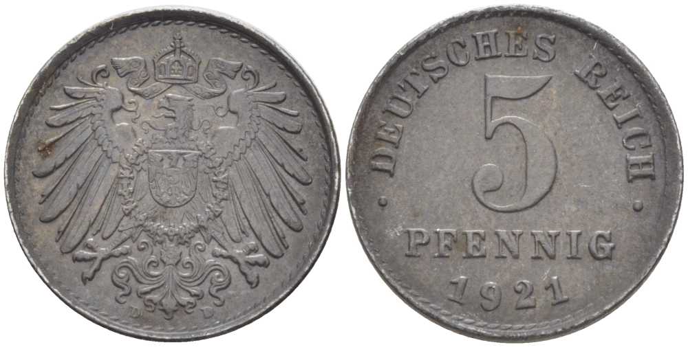 ГЕРМАНИЯ 5 ПФЕННИГОВ 1921 D KM 19, J. 297, Weege 5 железо 206-738