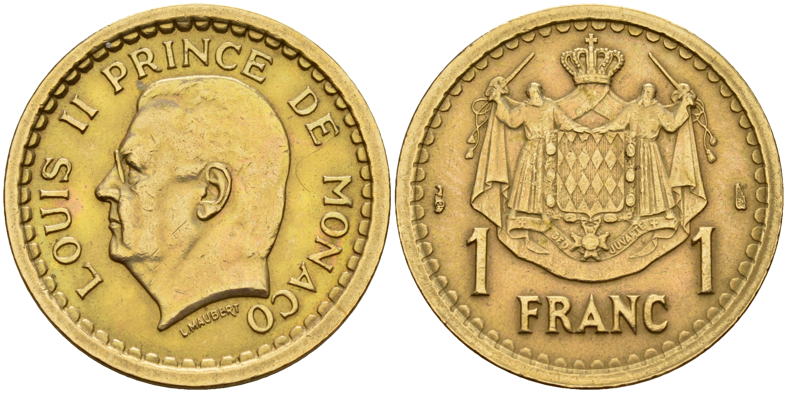 Монако 1 франк 1945 Луи II (1922-1949) KM 120 a алюминиевая бронза 4116-326