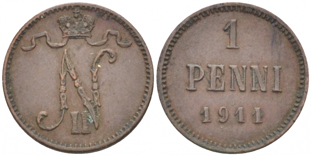 Россия для Финляндии 1 пенни 1911 Николай II (1894-1917) KM 13, Биткин 471 медь 4396-1336