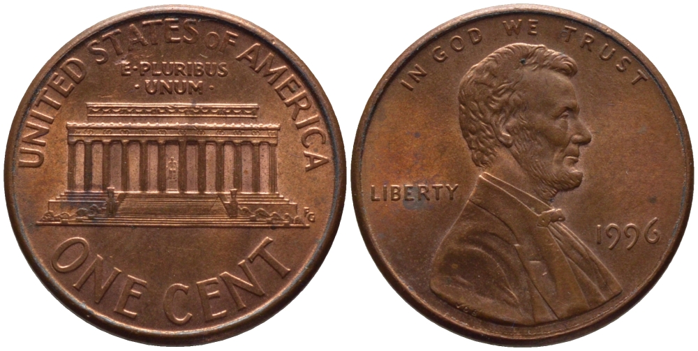 США 1 ЦЕНТ 1996 ЛИНКОЛЬН KM 201b цинк плакированный медью 66-1067