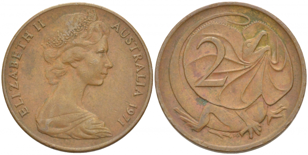 АВСТРАЛИЯ 2 ЦЕНТА 1971 ЕЛИЗАВЕТА II, МОЛОДОЙ ПОРТРЕТ, ПЛАЩЕНОСНАЯ ЯЩЕРИЦА (FRILLED LIZARD) KM 63 бронза 4539-943