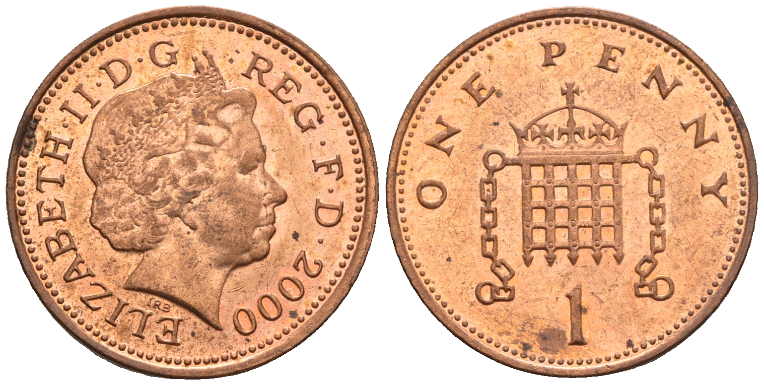 Великобритания 1 пенни 2000 Елизавета II (1952-2022) KM 986, Spink 4710 (B5) сталь плакированная медью 4609-552