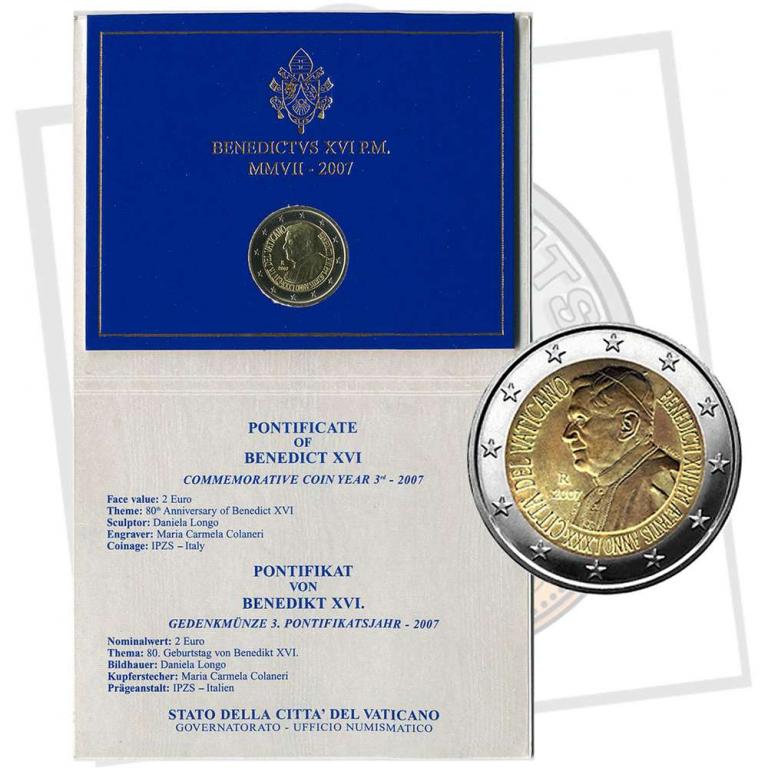 Ватикан 2 евро 2007 80 лет Бенедикту XVI, в оригинальном буклете KM 399 биметалл UNC 1-4-4-04