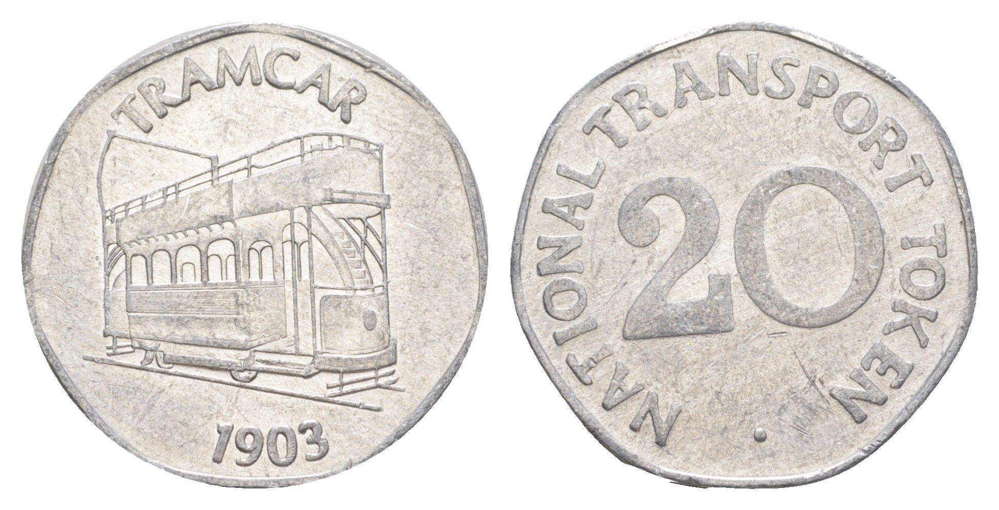 Великобритания транспортный жетон в 20 пенсов - Tramcar 1903 ND (1973-2014) диаметр 25 мм, вес 1,5 гр алюминий 4172-151