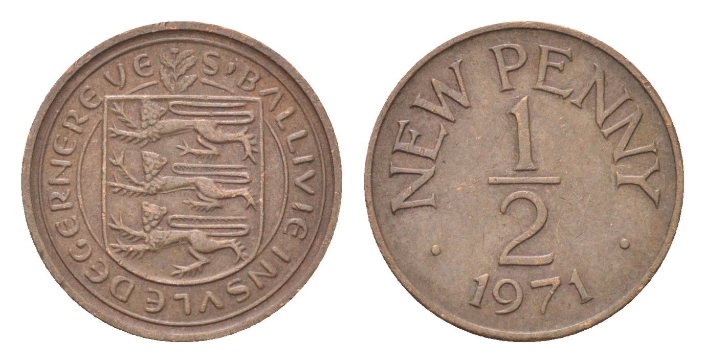 Гернси 1/2 нового пенни 1971 Елизавета II (1952-2022), герб KM 20 бронза 4702-734