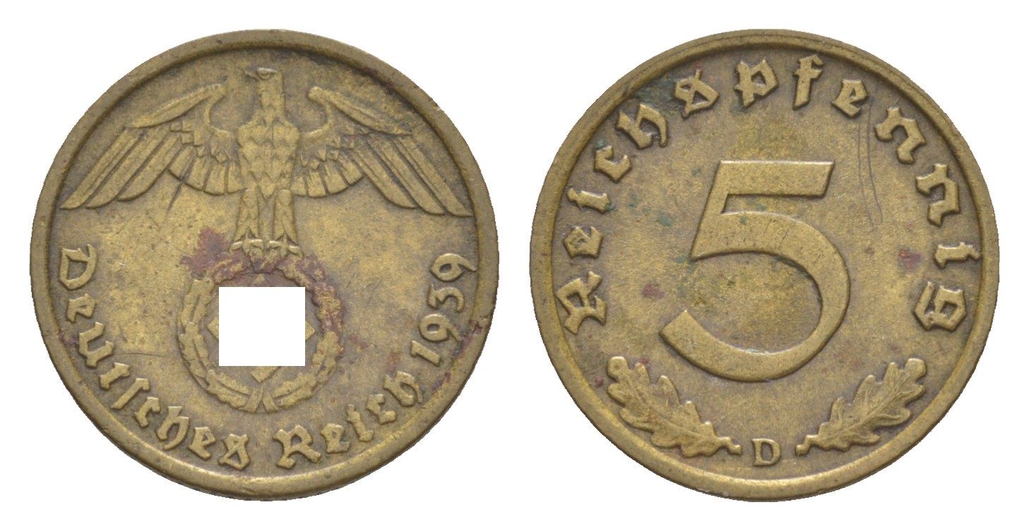 Германия 5 рейхспфеннигов 1939 D KM 91, J. 363 алюминиевая бронза 4647-824