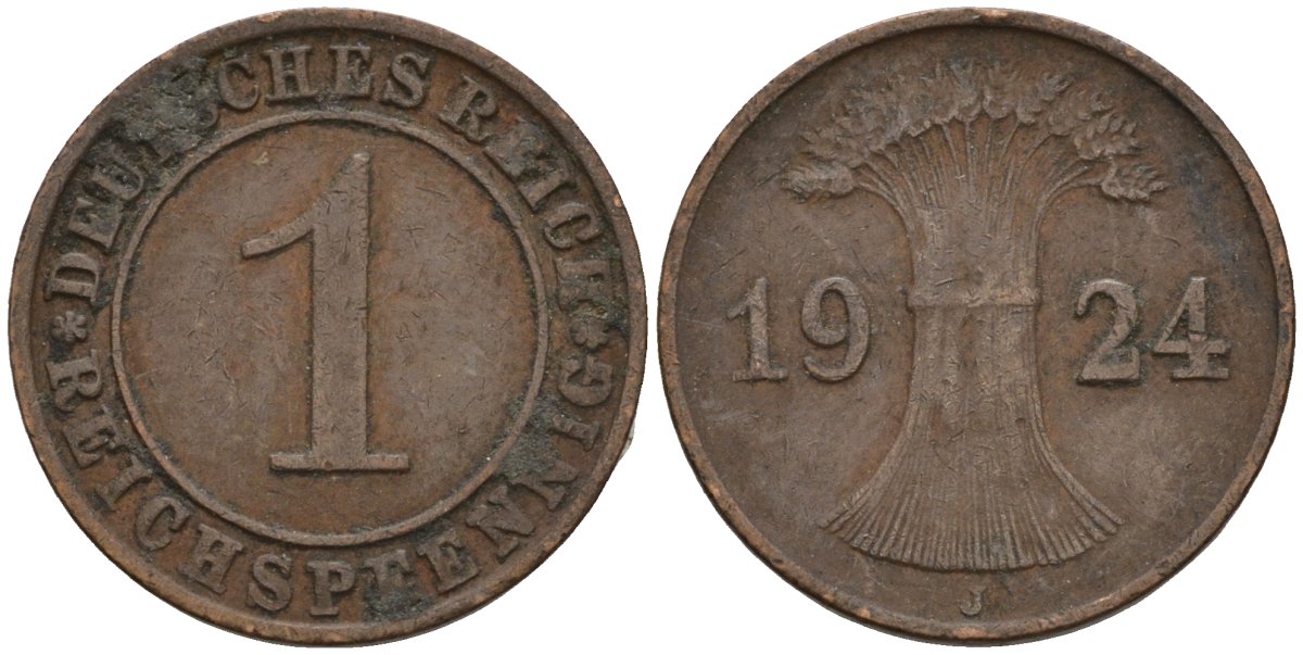 Германия 1 рейхспфенниг 1924 J KM 37, J. 313 бронза 4516-334