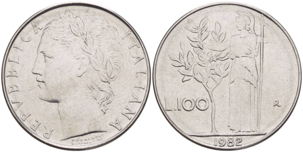 ИТАЛИЯ 100 ЛИР 1982 R, АФИНА У ОЛИВКОВОГО ДЕРЕВА KM 96.1 нержавеющая сталь 4545-723