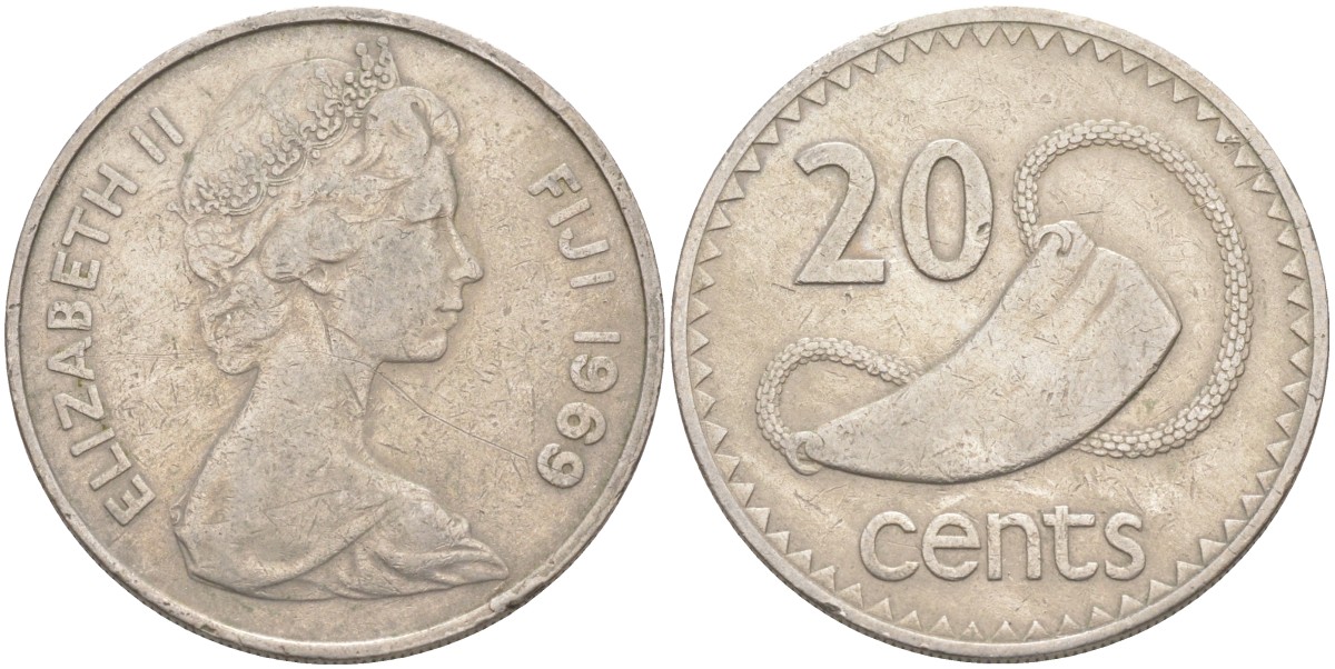 Фиджи 20 центов 1969 Елизавета II (1952-2022), китовый зуб KM 31 медно-никель 4403-635