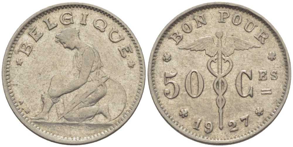 БЕЛЬГИЯ 50 САНТИМОВ 1927 BELGIQUE KM 87 никель 214-425