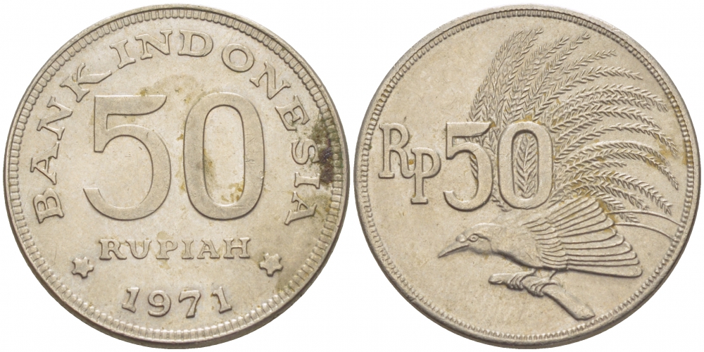 Индонезия 50 рупий 1971 райская птица KM 35 медно-никель UNC 3457-611