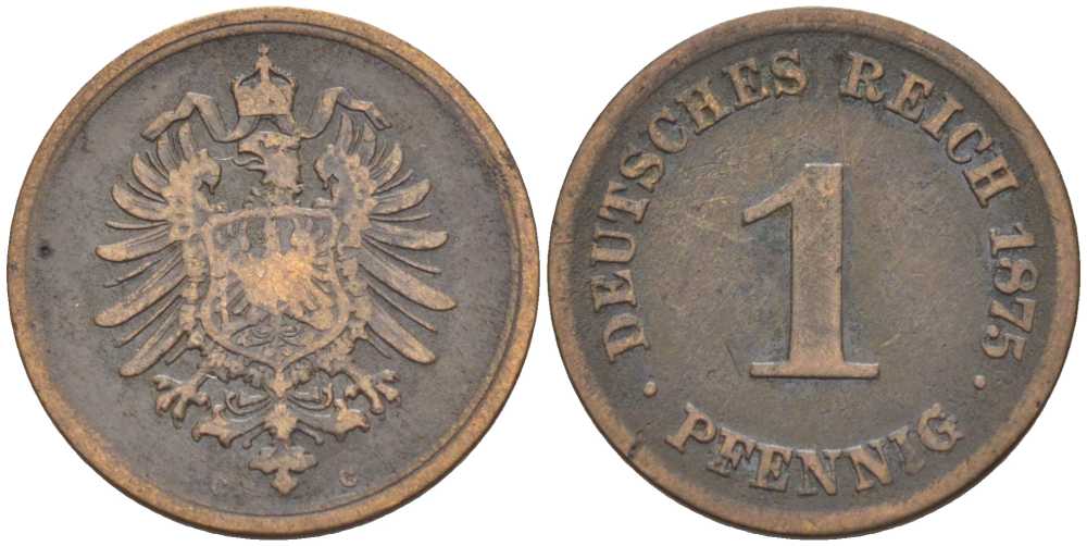 ГЕРМАНИЯ 1 ПФЕННИГ 1875 C, СТАРОГЕРБОВКА KM 1, J. 1, Weege 1 медь 206-1029
